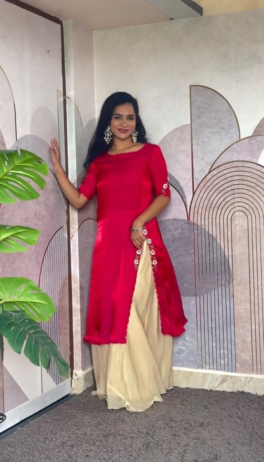 Red Full Stitched Maggam Work Kurti with Cream Palazzo
